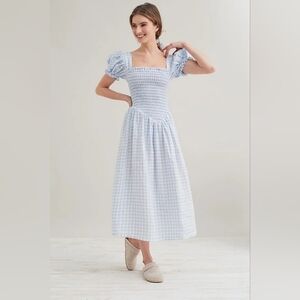 Sleeper 100% linen belle dress in blue gingham, small